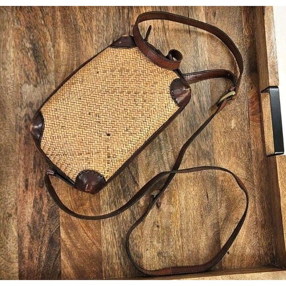 Vtg Talbots 90s Y2K Rattan Zip Crossbody Bag Purse Leather Adjustable Strap Tan - Picture 2 of 10